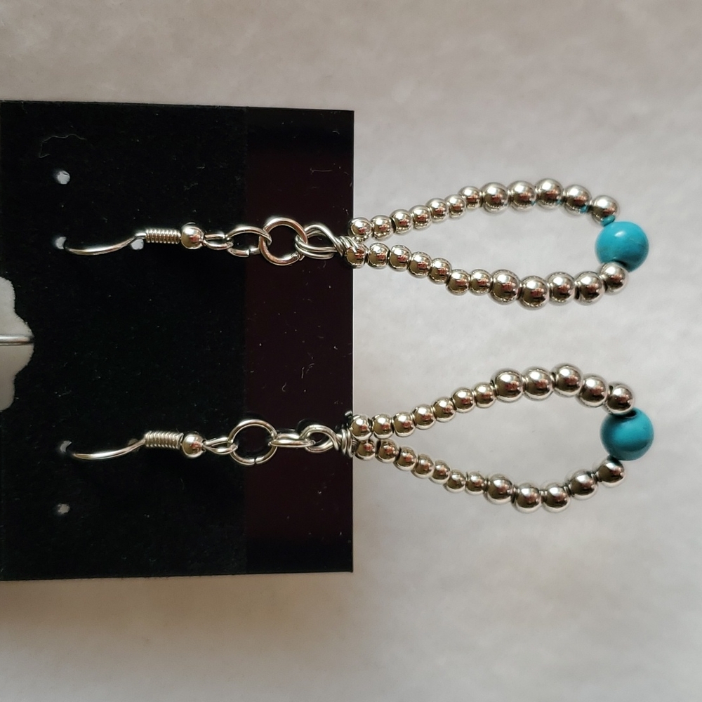 Womens silver and turquoise beaded teardrop hook earrings
